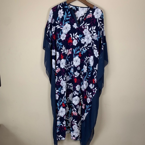 Dresses & Skirts - Navy Floral Kaftan/Maxi Dress Sheer Detailing Boho Beach READ